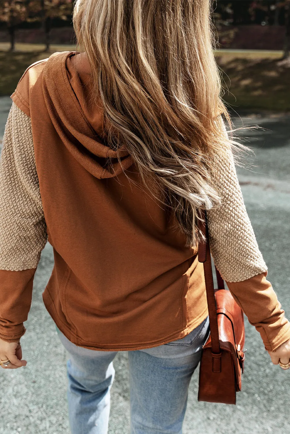 Chestnut Contrast Splicing Sleeves Hooded Sweatshirt