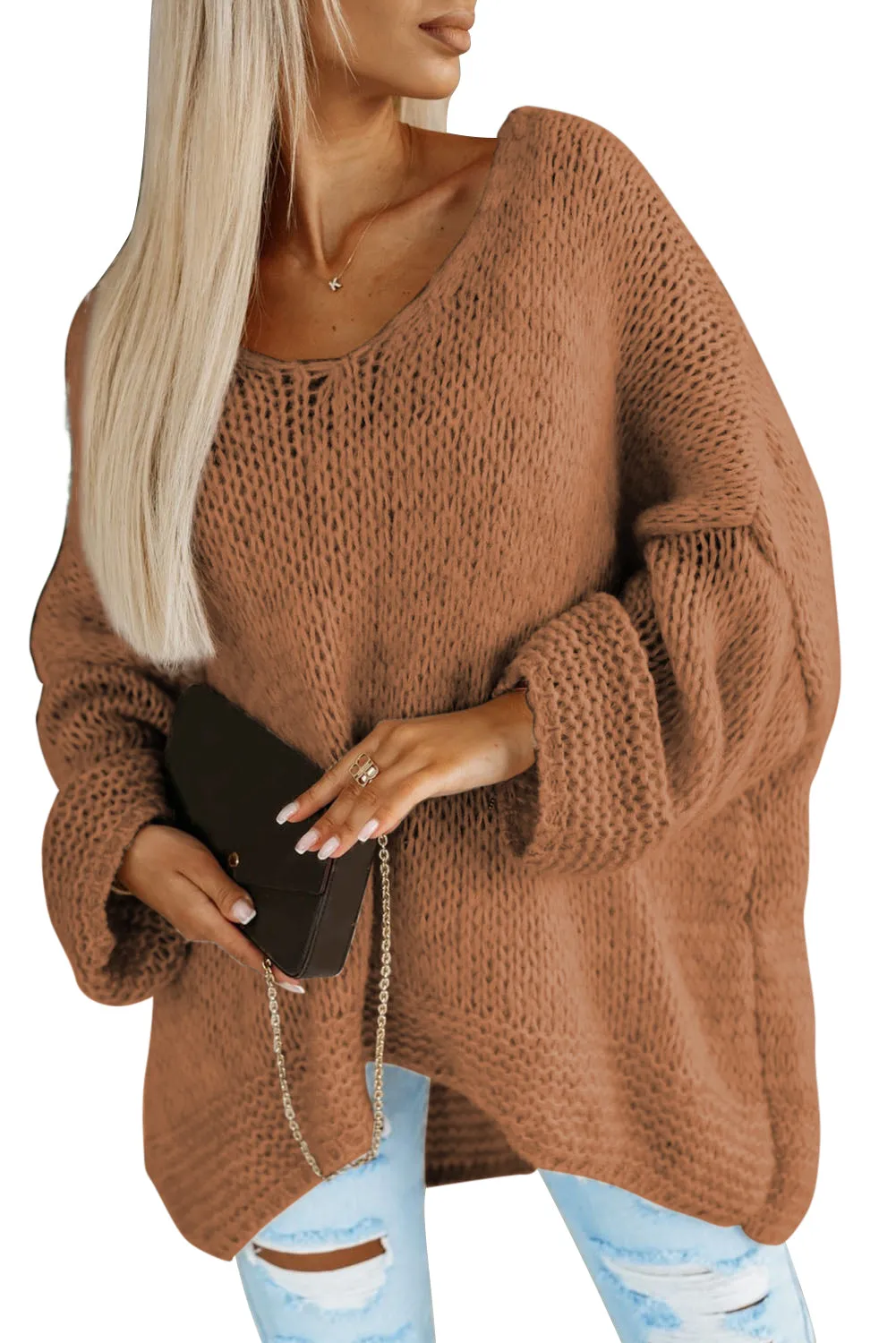Chestnut Loose Knitted V Neck Sweater