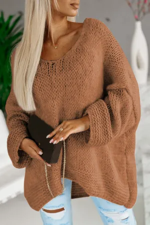 Chestnut Loose Knitted V Neck Sweater