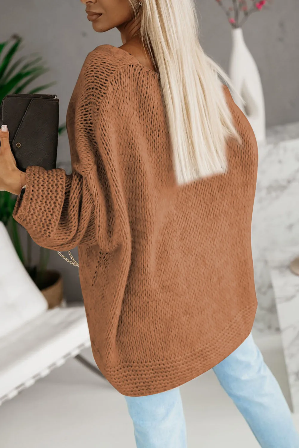 Chestnut Loose Knitted V Neck Sweater