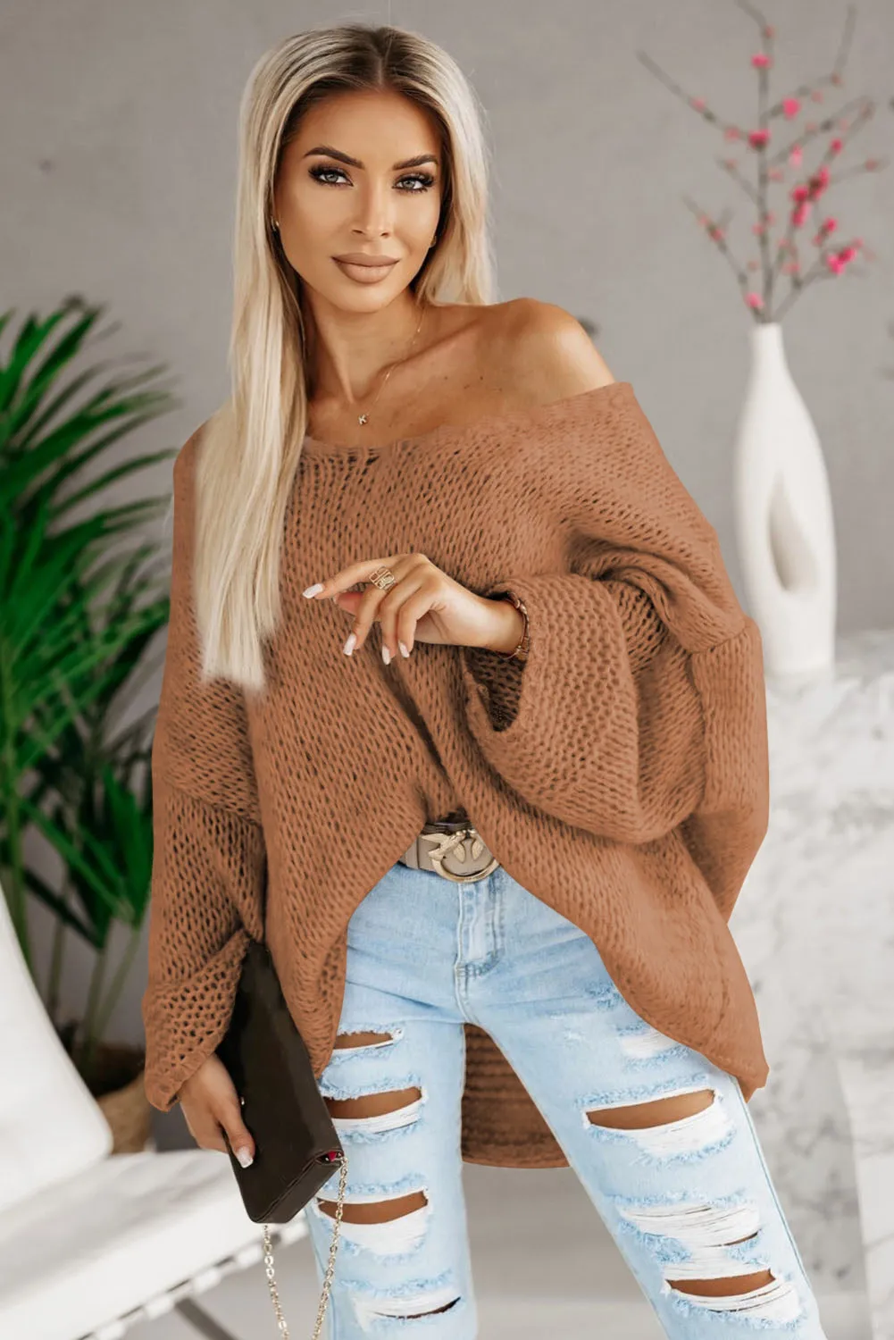 Chestnut Loose Knitted V Neck Sweater