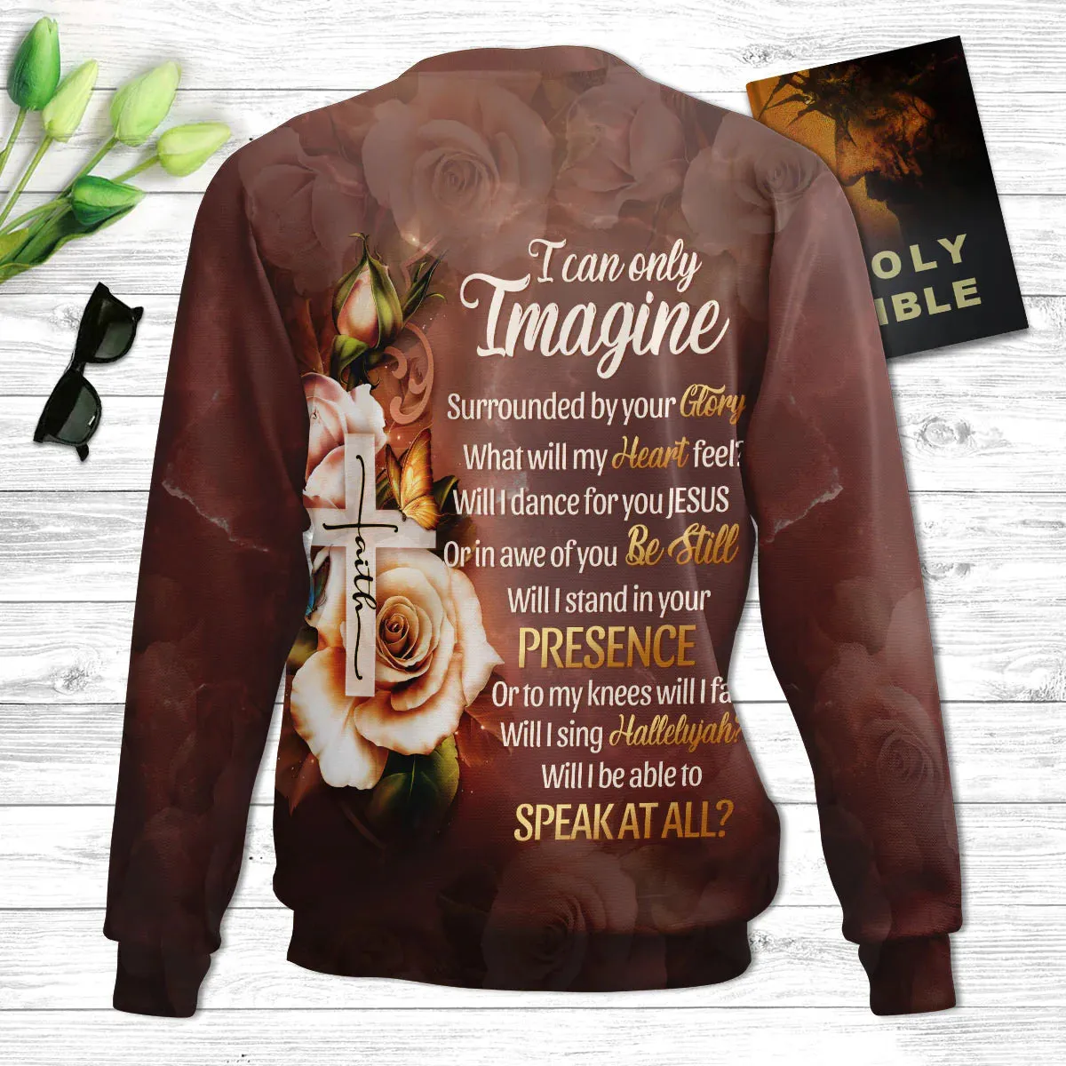 Christianartbag 3D Sweater, I Can Only Imagine Faith Cross And Roses, Unisex Sweater, Christmas Gift.