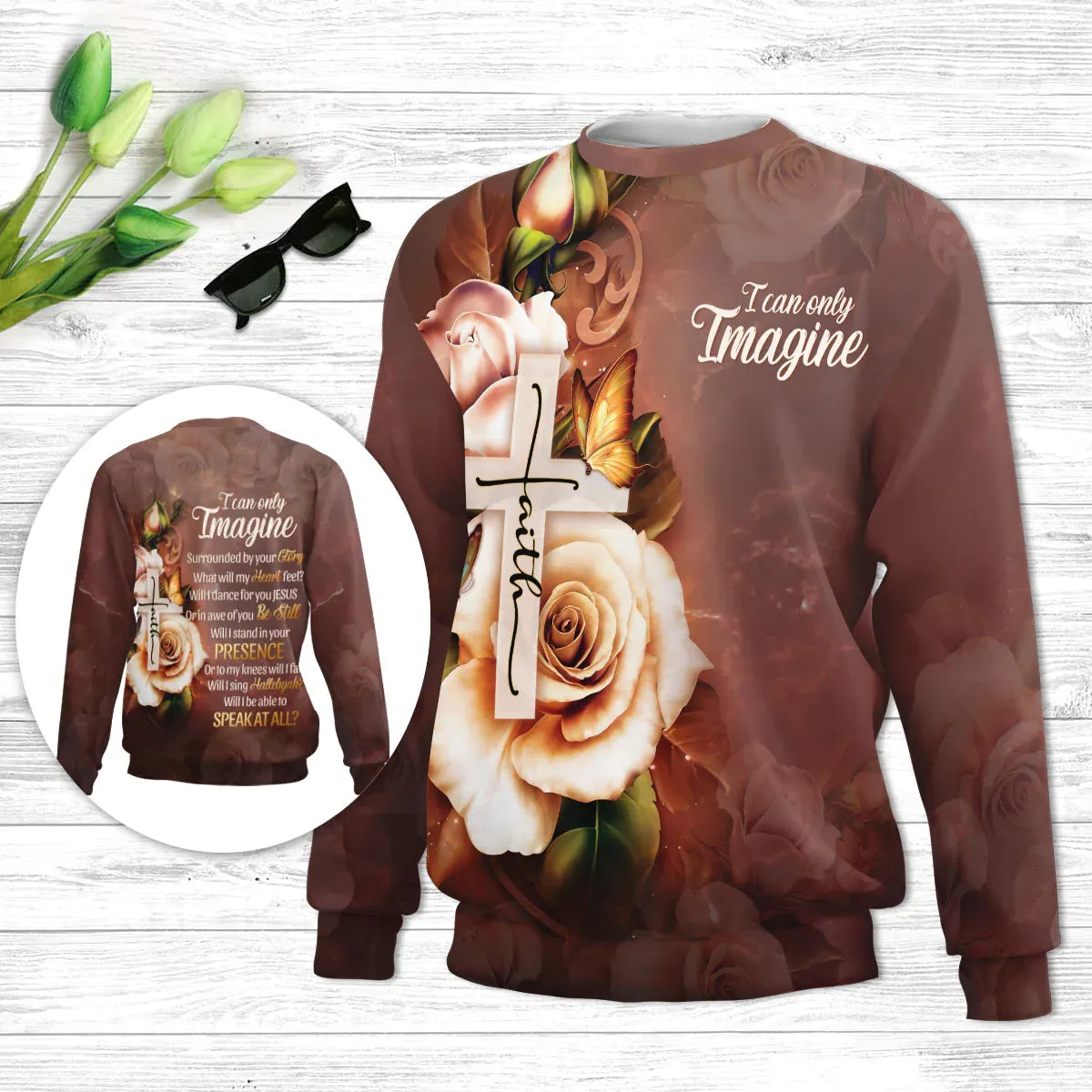 Christianartbag 3D Sweater, I Can Only Imagine Faith Cross And Roses, Unisex Sweater, Christmas Gift.