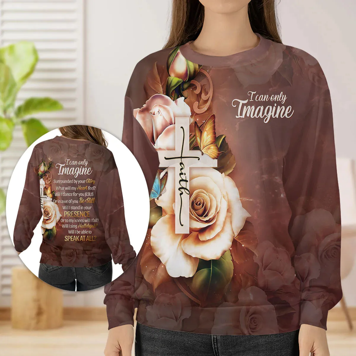 Christianartbag 3D Sweater, I Can Only Imagine Faith Cross And Roses, Unisex Sweater, Christmas Gift.
