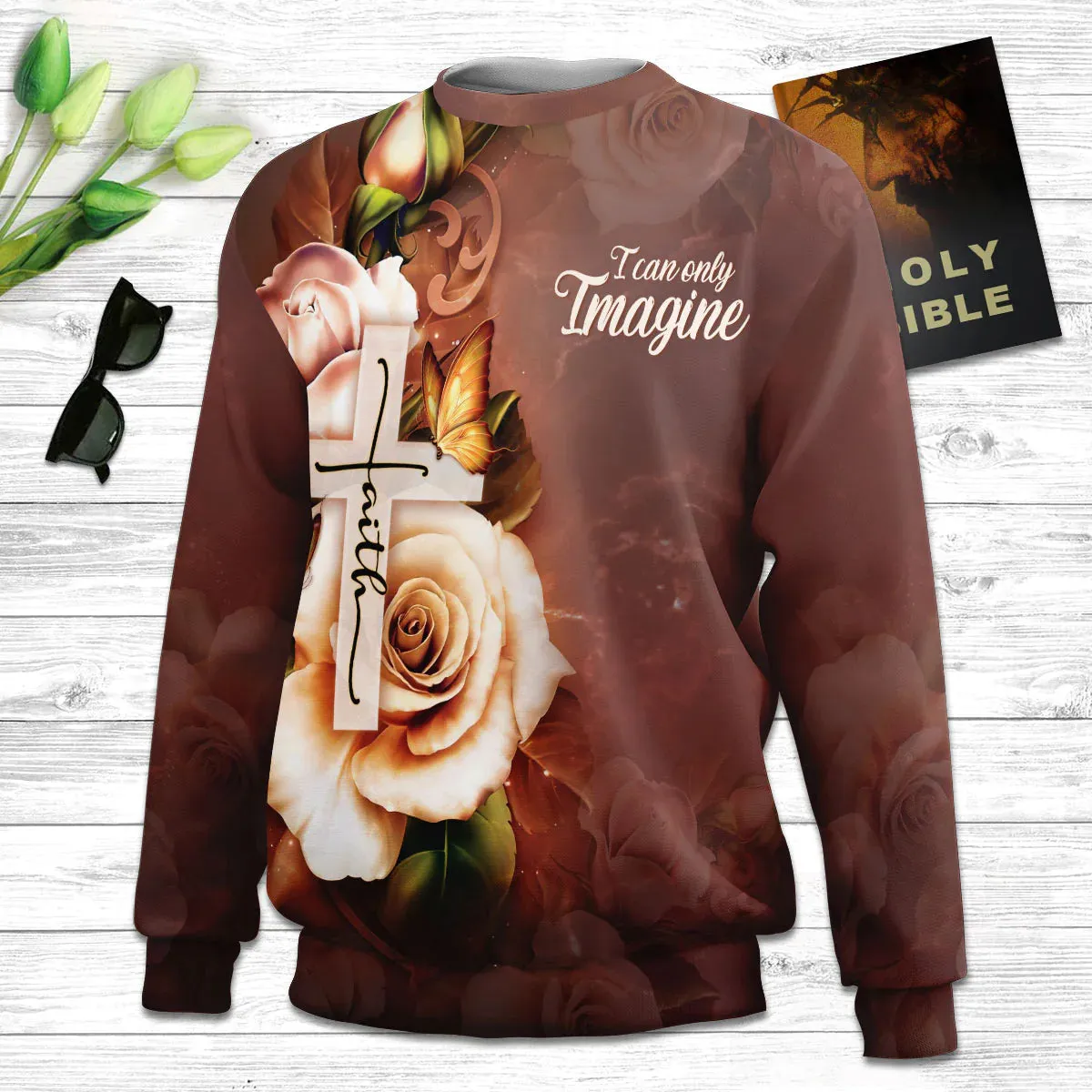Christianartbag 3D Sweater, I Can Only Imagine Faith Cross And Roses, Unisex Sweater, Christmas Gift.