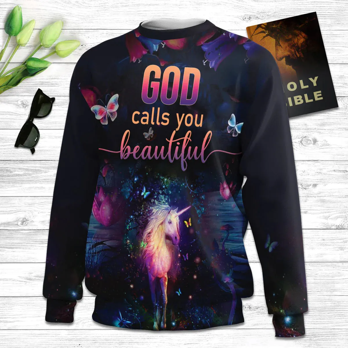 Christianartbag 3D Sweater, Unicorn And Butterfly God Calls You Beautiful, Unisex Sweater, Christmas Gift.