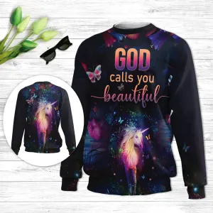 Christianartbag 3D Sweater, Unicorn And Butterfly God Calls You Beautiful, Unisex Sweater, Christmas Gift.