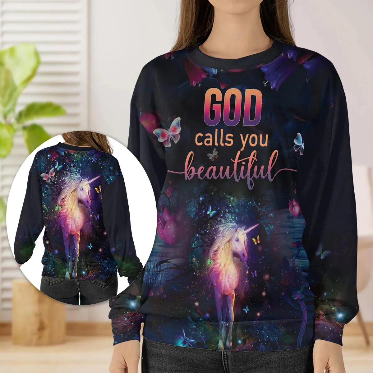 Christianartbag 3D Sweater, Unicorn And Butterfly God Calls You Beautiful, Unisex Sweater, Christmas Gift.