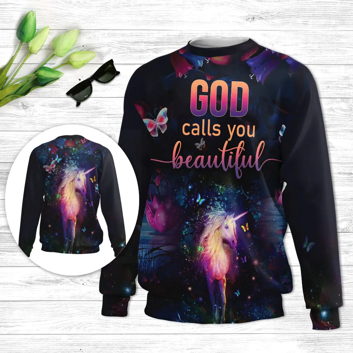 Christianartbag 3D Sweater, Unicorn And Butterfly God Calls You Beautiful, Unisex Sweater, Christmas Gift.