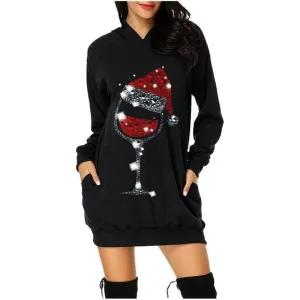 Christmas Printed Double Pocket Hooded Long Sleeve Long Sweatshirt