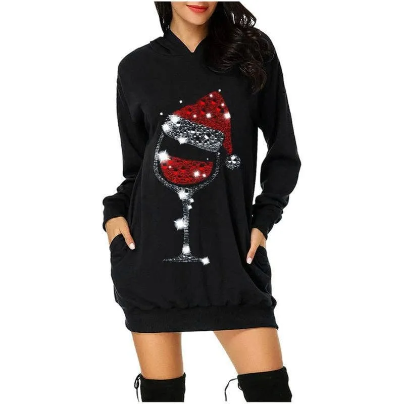 Christmas Printed Double Pocket Hooded Long Sleeve Long Sweatshirt