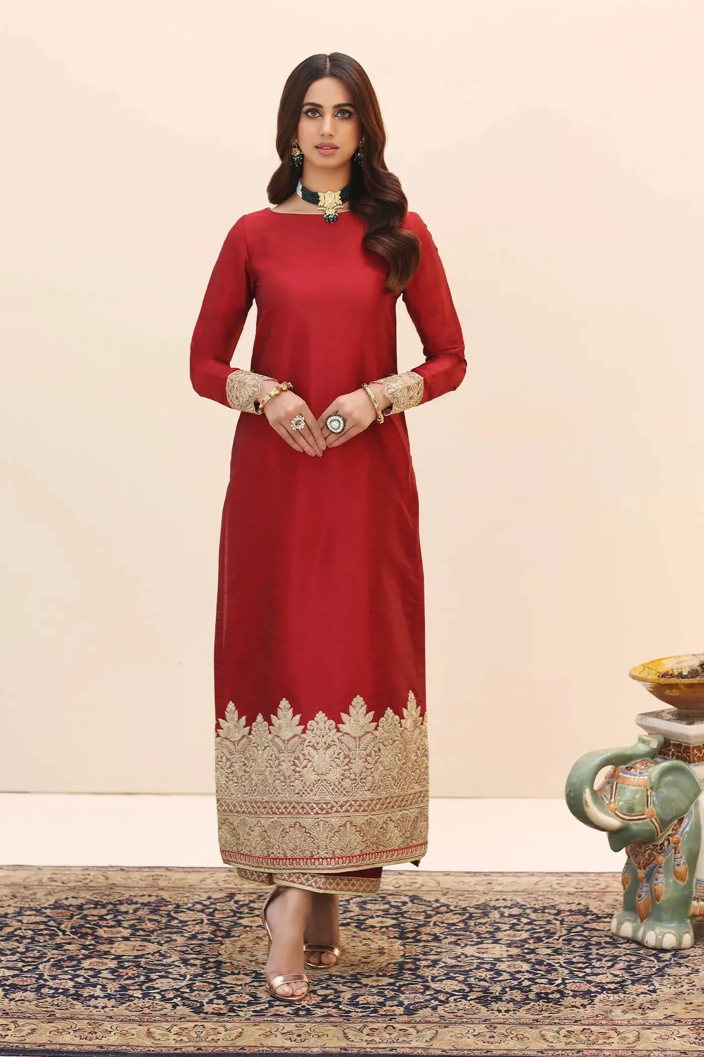 Classic Rose Red Embroidered Pakistani Salwar Kameez Dupatta Suit