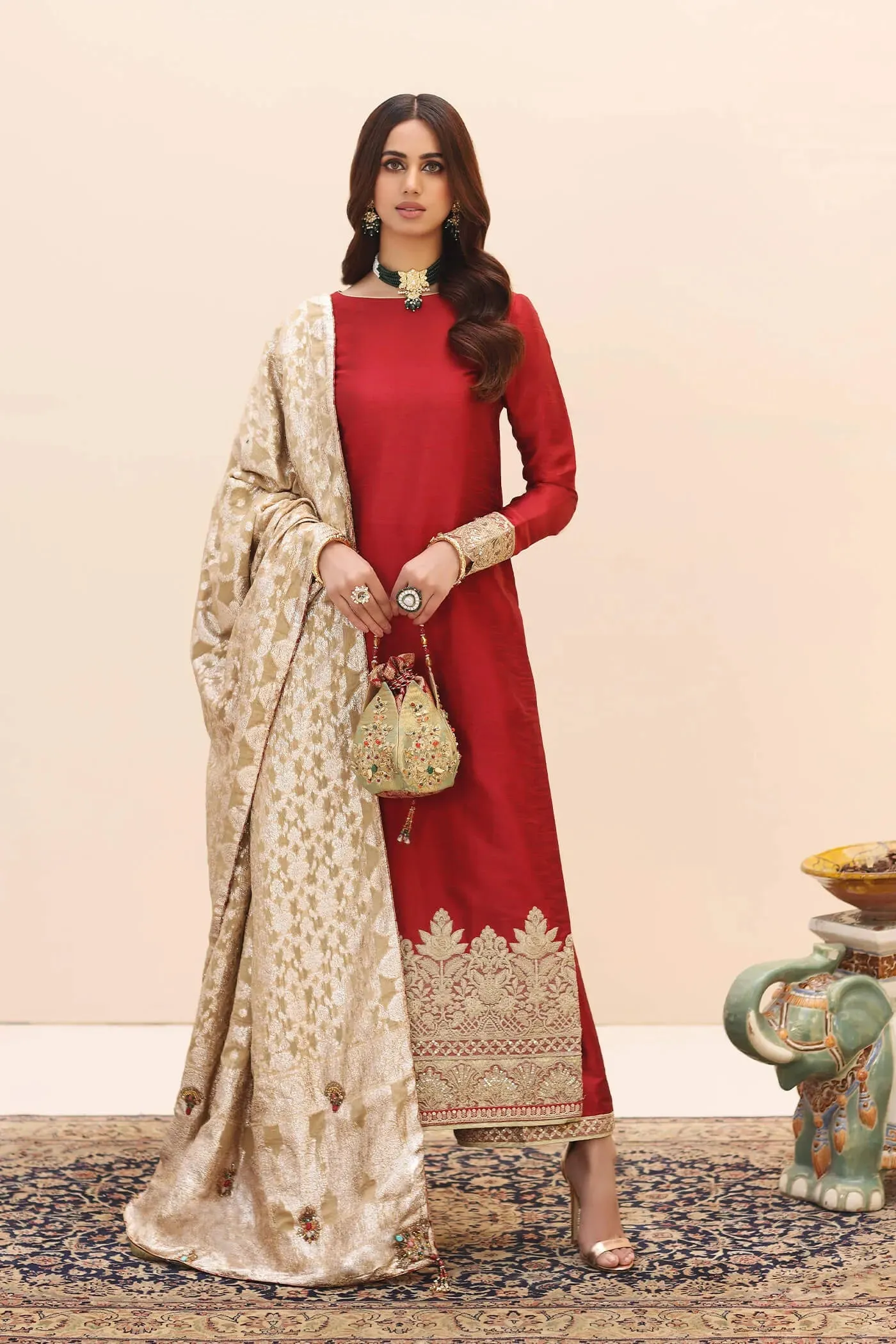 Classic Rose Red Embroidered Pakistani Salwar Kameez Dupatta Suit