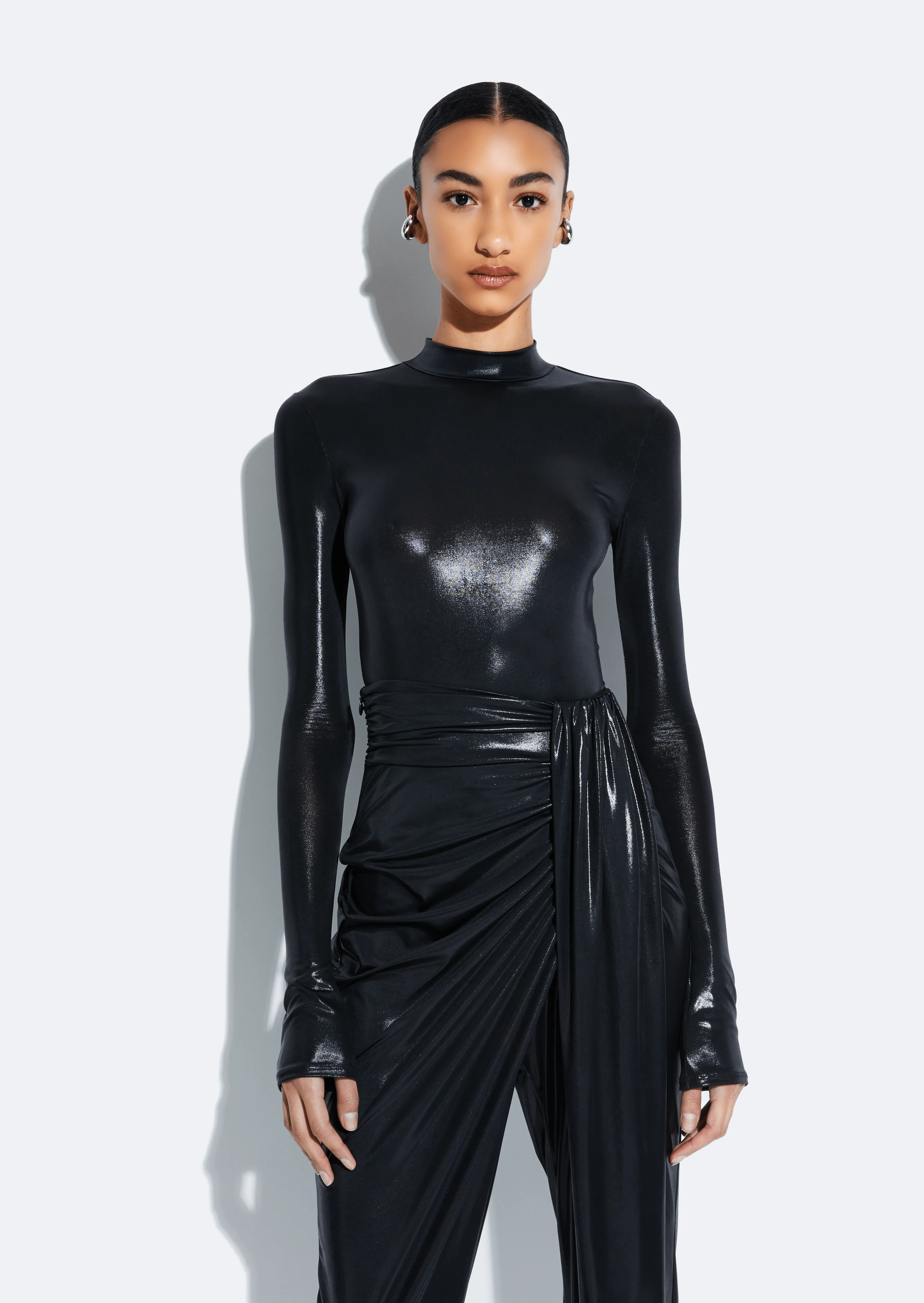 Coated Jersey Mock Neck Bodysuit