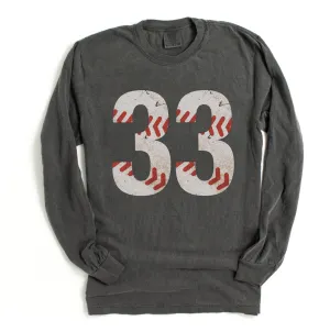 Comfort Colors Long Sleeve Vintage Baseball Shirt - Baseball Mom/ Baseball Girlfriend/ Baseball Fan Shirt with Number