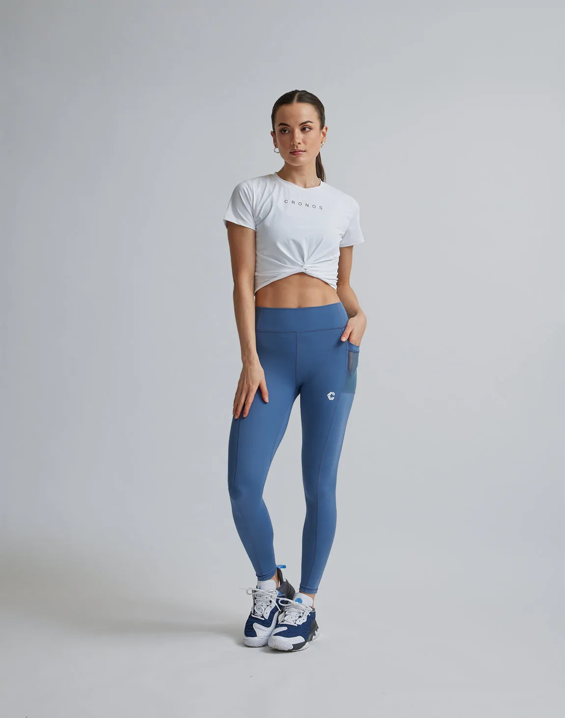 CRONOS WOMEN SPORTS MESH LEGGINGS【BLUE】