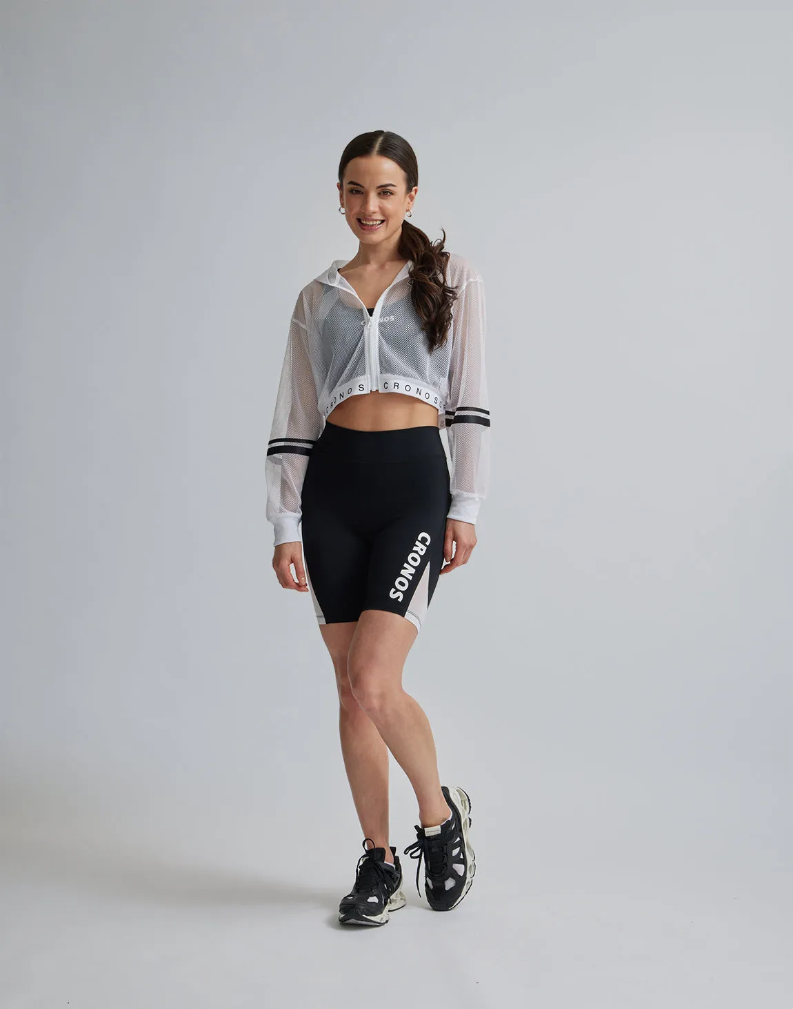 CRONOS WOMEN SPORTS MESH SHORT LEGGINGS【BLACK×WHITE】
