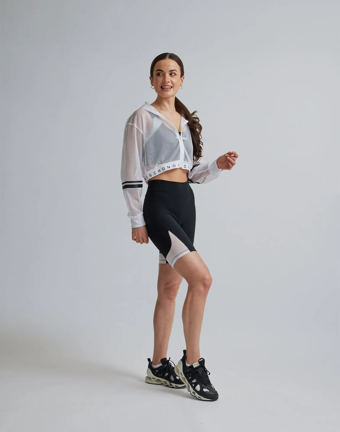 CRONOS WOMEN SPORTS MESH SHORT LEGGINGS【BLACK×WHITE】