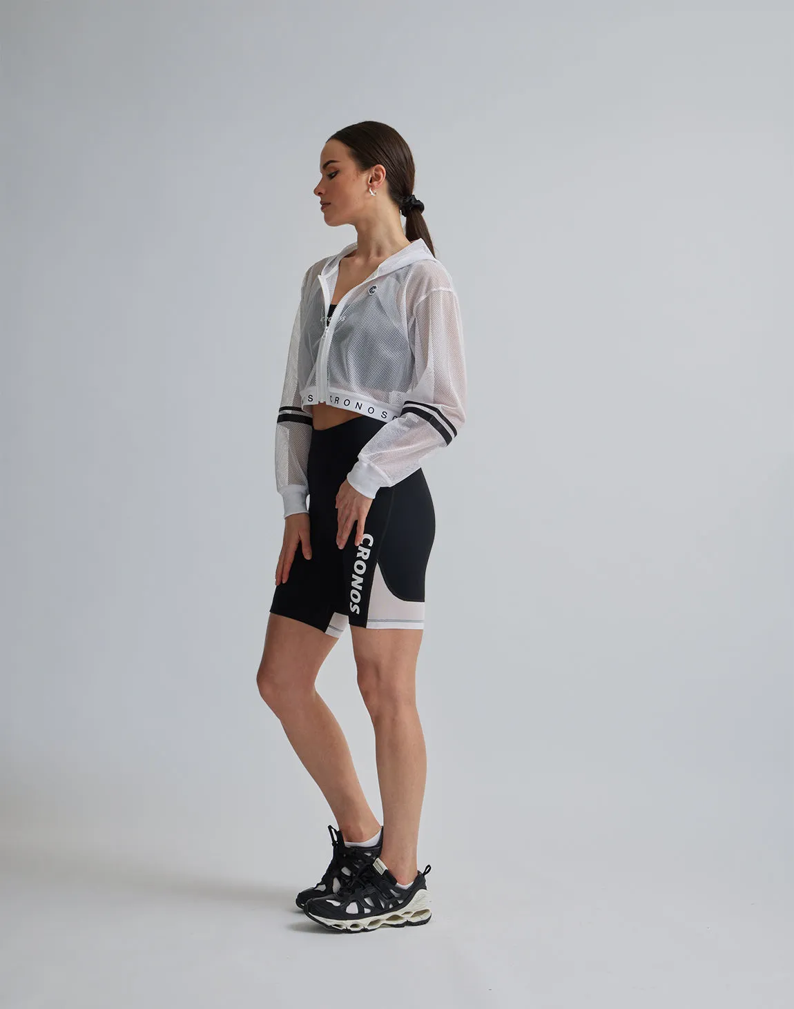 CRONOS WOMEN SPORTS MESH SHORT LEGGINGS【BLACK×WHITE】