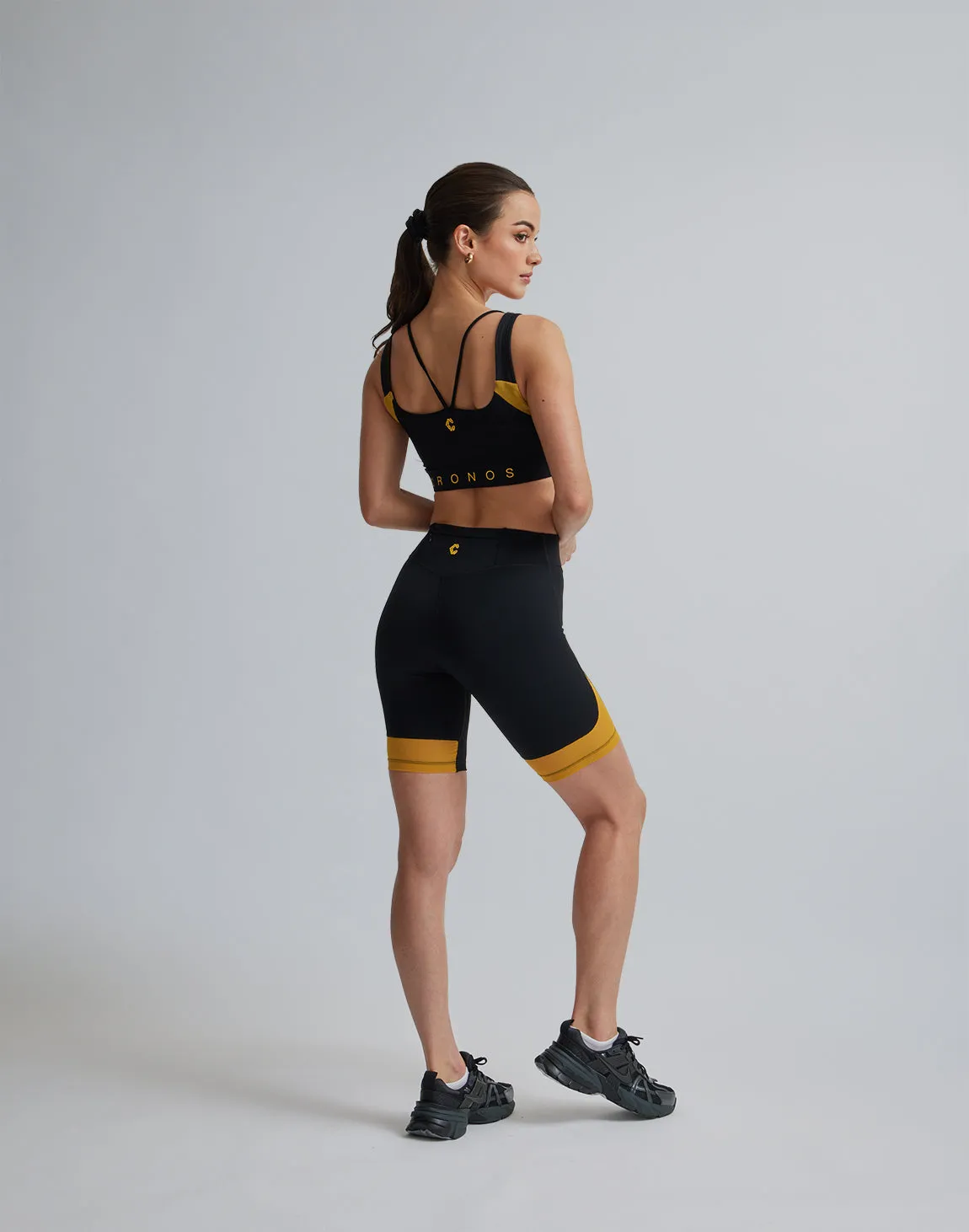 CRONOS WOMEN SPORTS MESH SHORT LEGGINGS【BLACK×YELLOW】