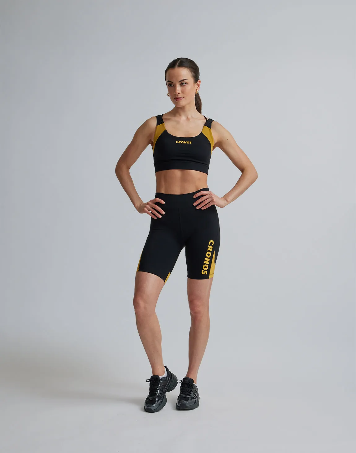 CRONOS WOMEN SPORTS MESH SHORT LEGGINGS【BLACK×YELLOW】