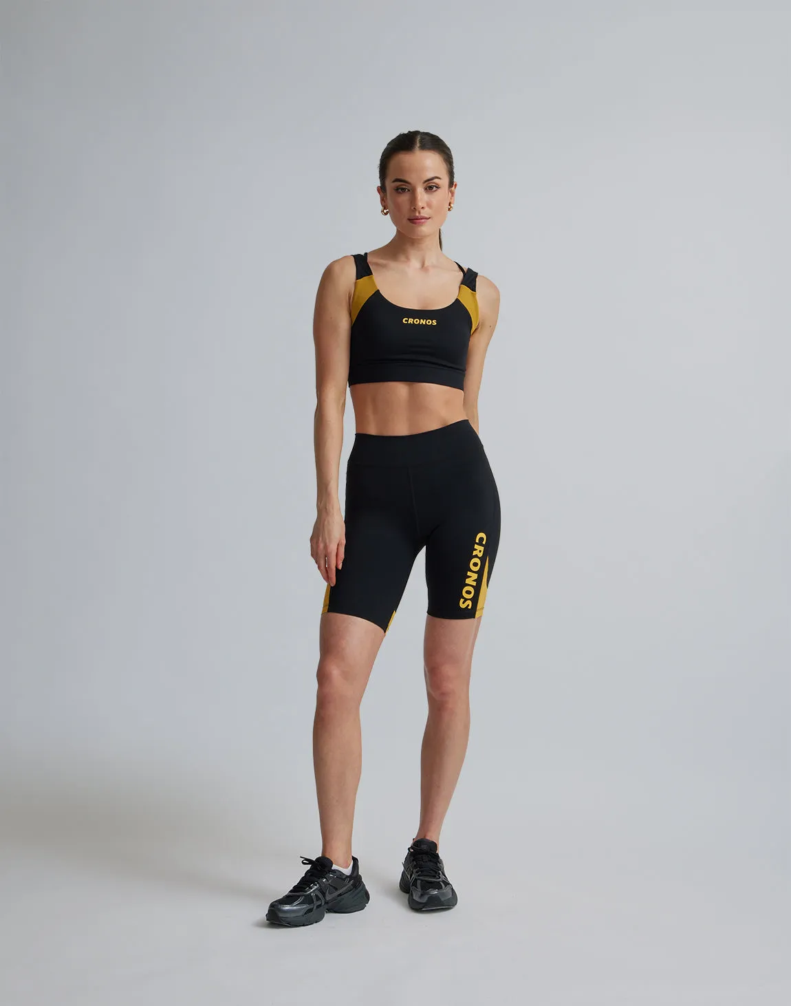 CRONOS WOMEN SPORTS MESH SHORT LEGGINGS【BLACK×YELLOW】