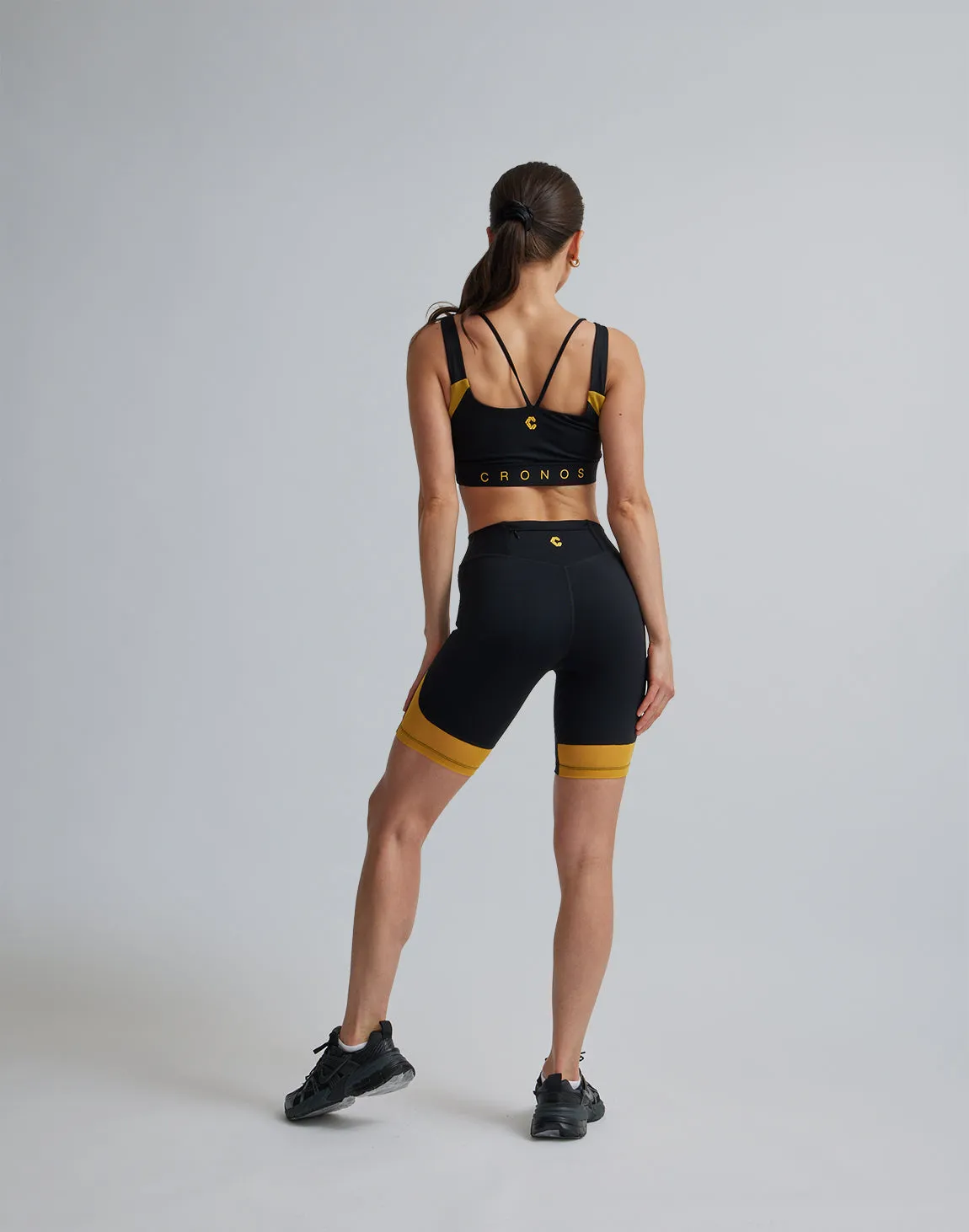 CRONOS WOMEN SPORTS MESH SHORT LEGGINGS【BLACK×YELLOW】