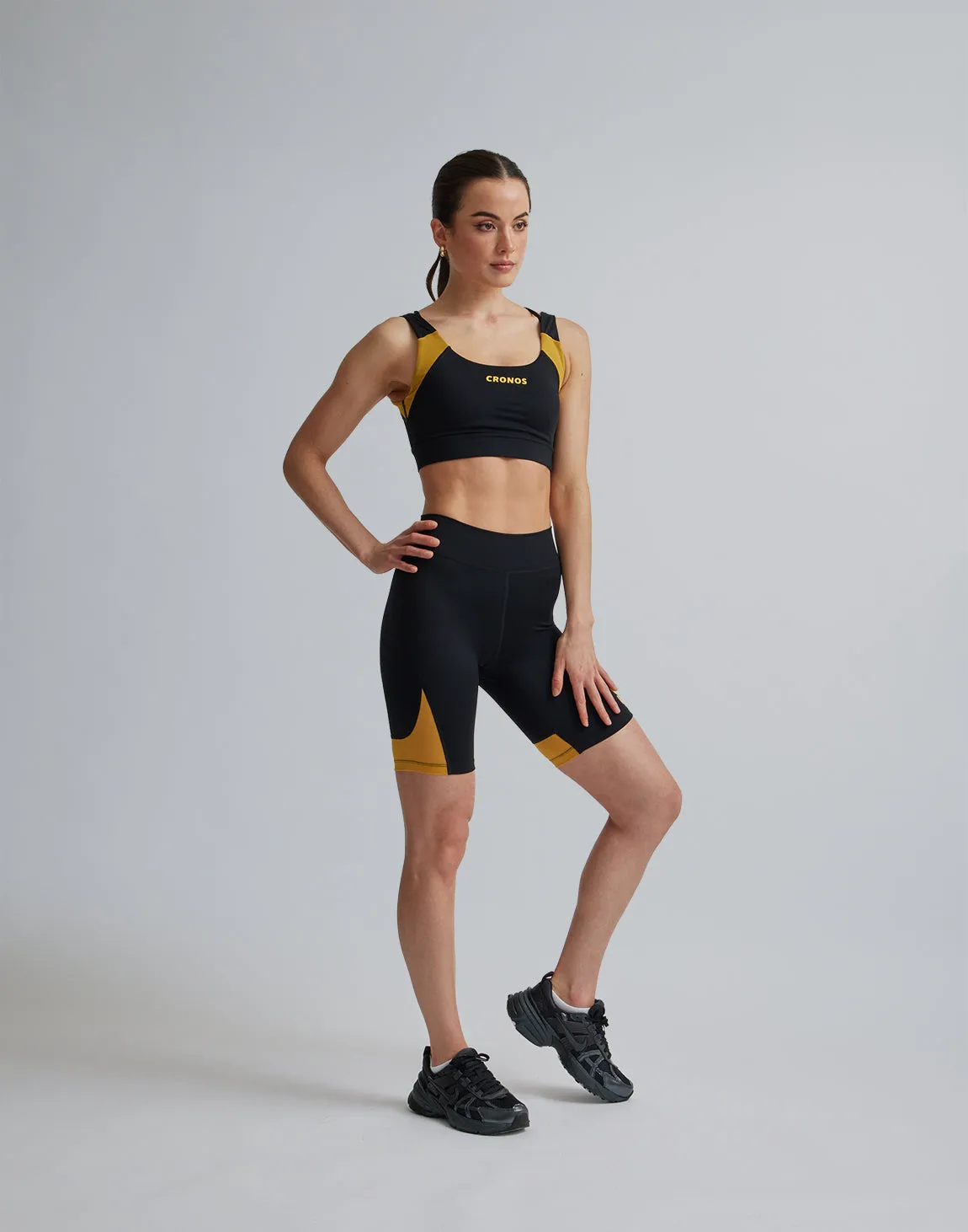 CRONOS WOMEN SPORTS MESH SHORT LEGGINGS【BLACK×YELLOW】