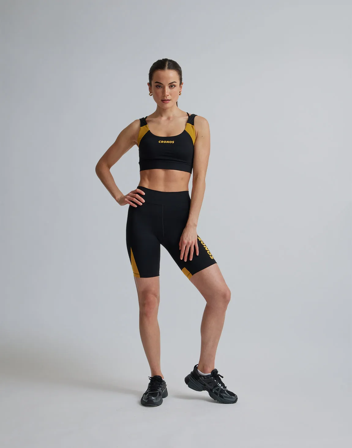 CRONOS WOMEN SPORTS MESH SHORT LEGGINGS【BLACK×YELLOW】
