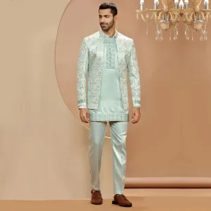 Cyan Jodhpuri Short Kurta Set with Blazer
