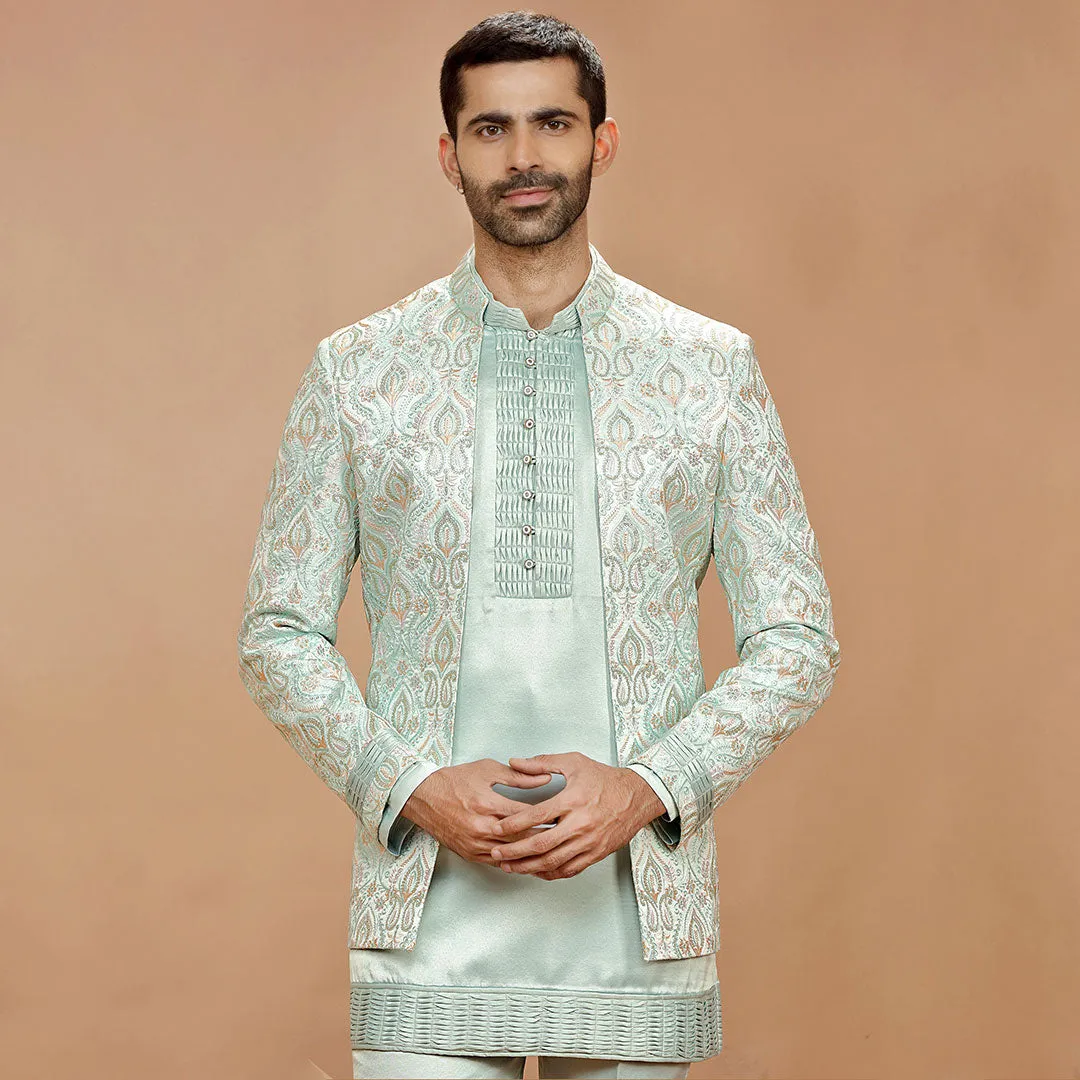 Cyan Jodhpuri Short Kurta Set with Blazer