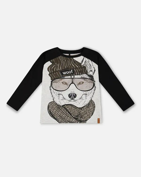 deux par deux Boys Raglan T-Shirt With Wolf Print - Grey Mix And Black