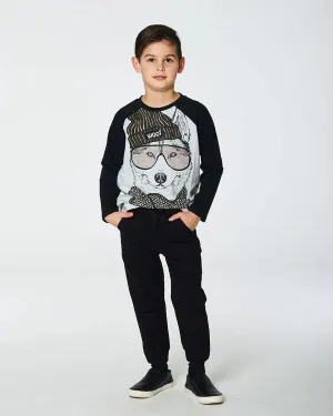 deux par deux Boys Raglan T-Shirt With Wolf Print - Grey Mix And Black