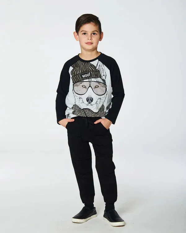 deux par deux Boys Raglan T-Shirt With Wolf Print - Grey Mix And Black