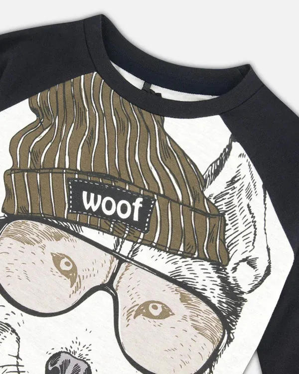 deux par deux Boys Raglan T-Shirt With Wolf Print - Grey Mix And Black