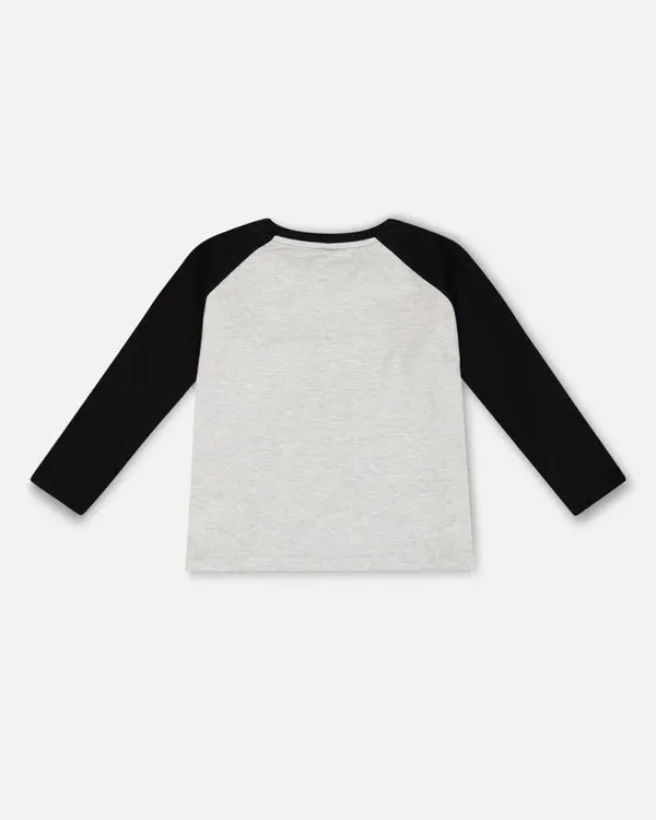 deux par deux Boys Raglan T-Shirt With Wolf Print - Grey Mix And Black