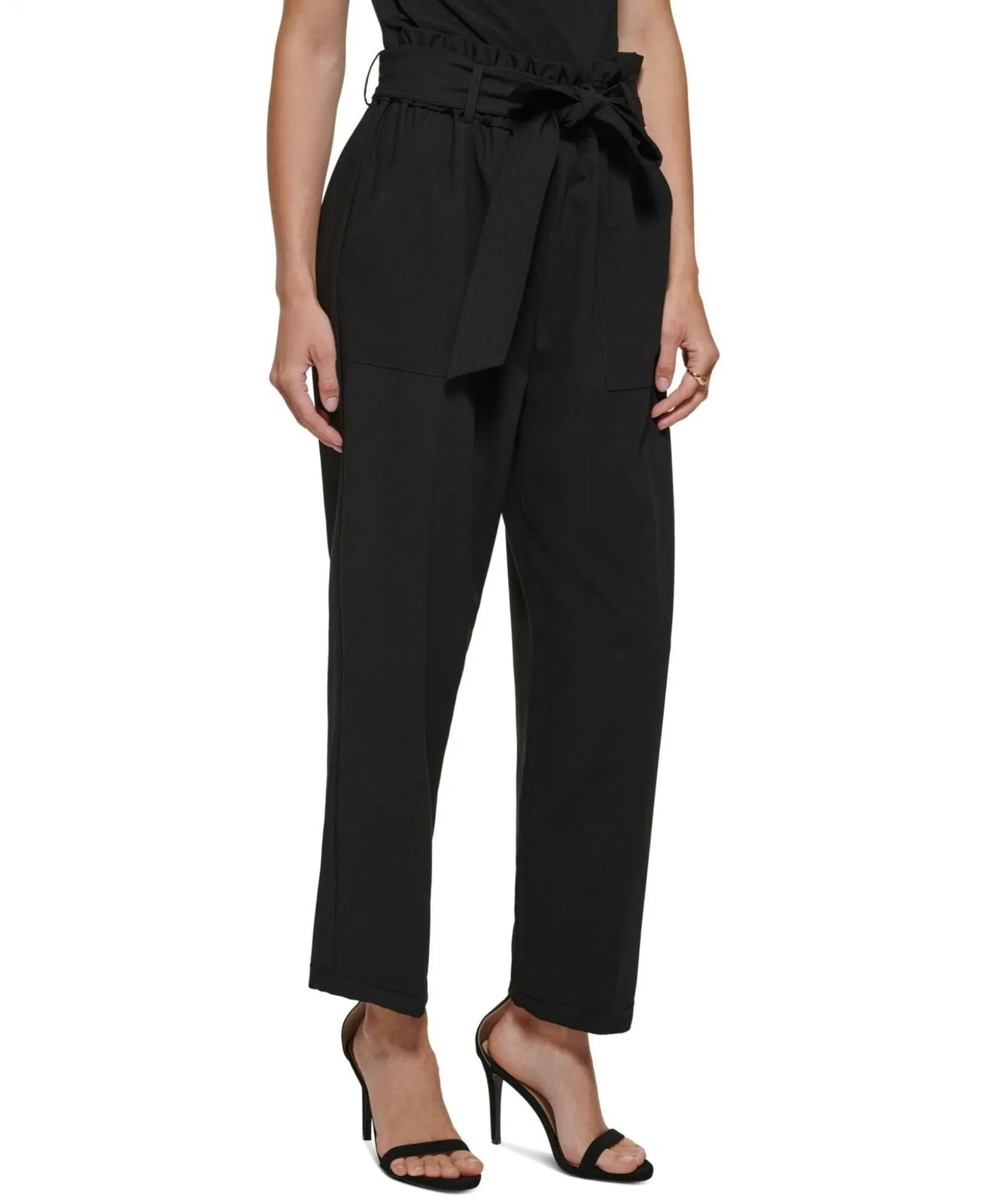 DKNY Womens Petite Tie-Waist High-Rise Straight-Leg Pants XI2P7692 Black 4P