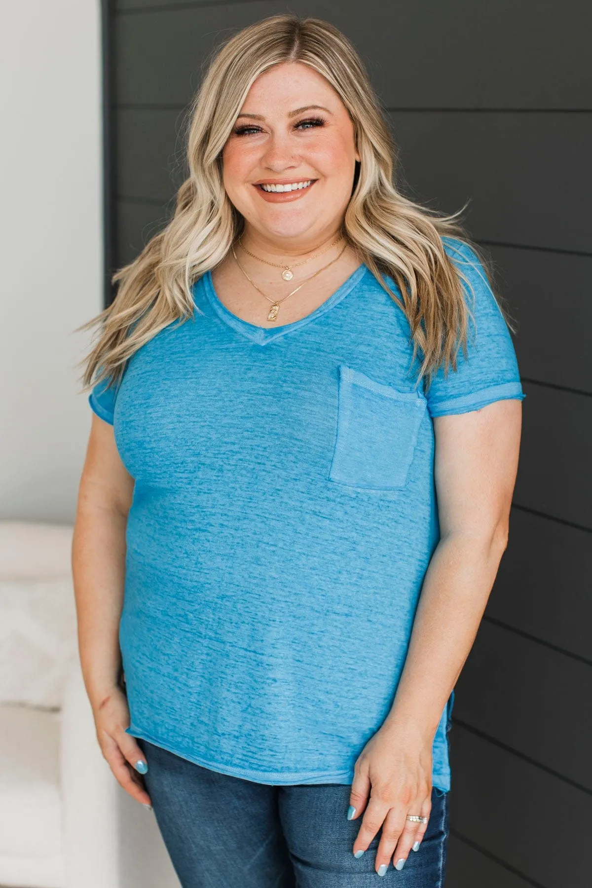 Don't Play Games V-Neck Top- Deep Sky Blue