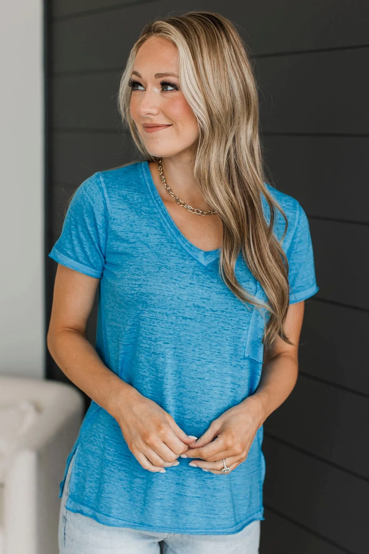 Don't Play Games V-Neck Top- Deep Sky Blue