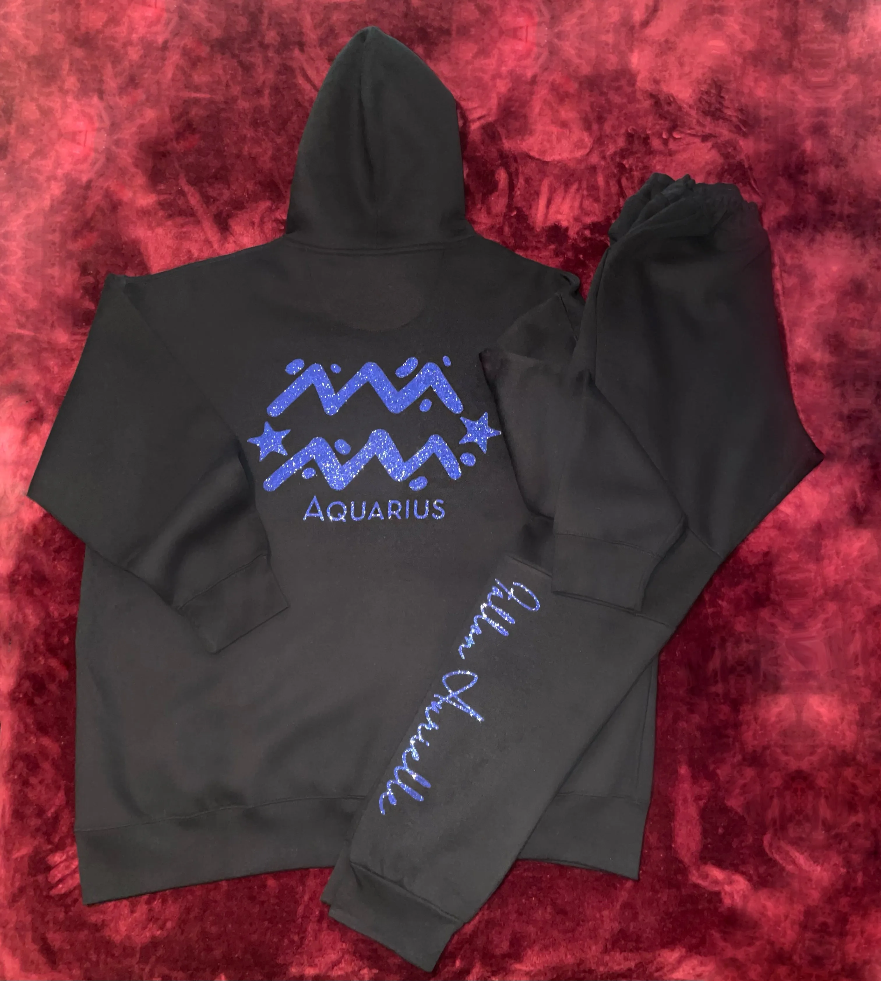 Fallon Aurielle Unisex Signature Aquarius Logo & Name Zodiac Hoodie (Black & Purple Sparkle)