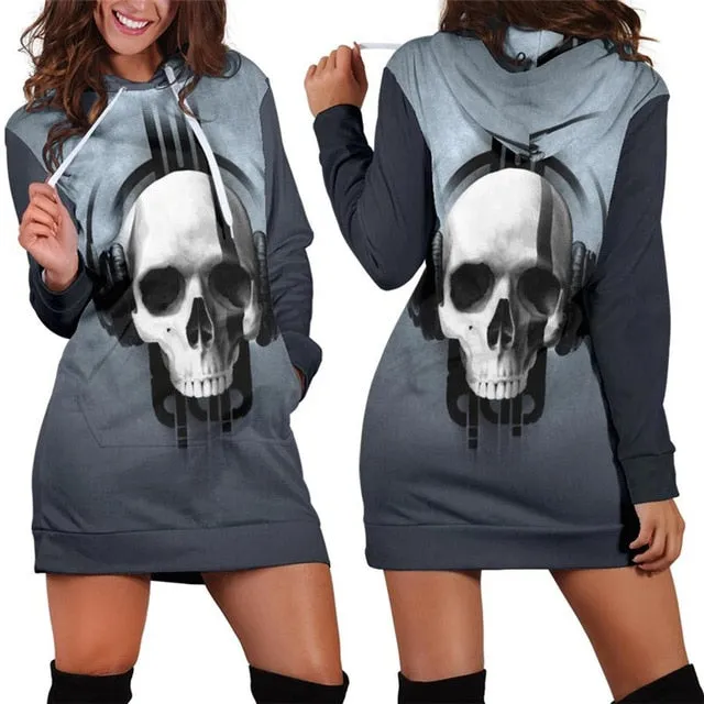 Floral Skull Hooded Dress S-3XL Women Autumn/Winter 2018