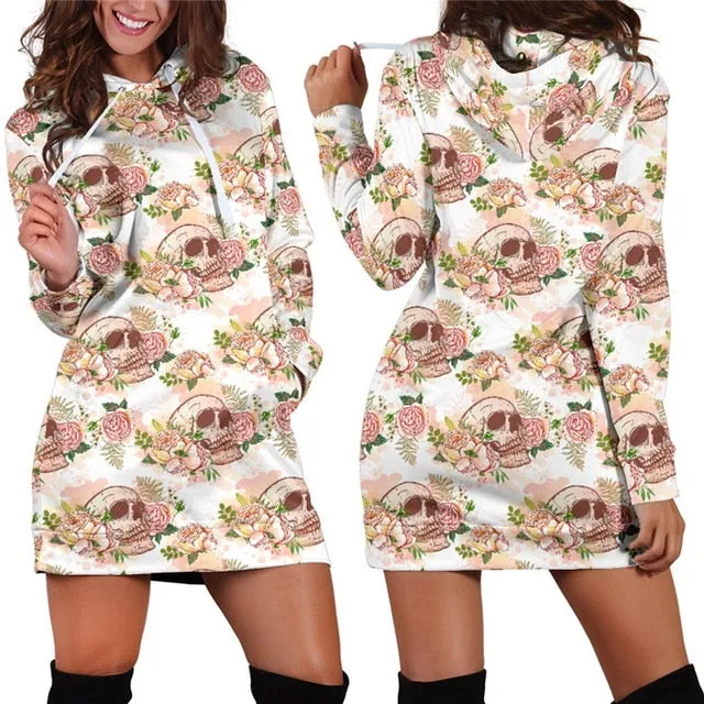 Floral Skull Hooded Dress S-3XL Women Autumn/Winter 2018