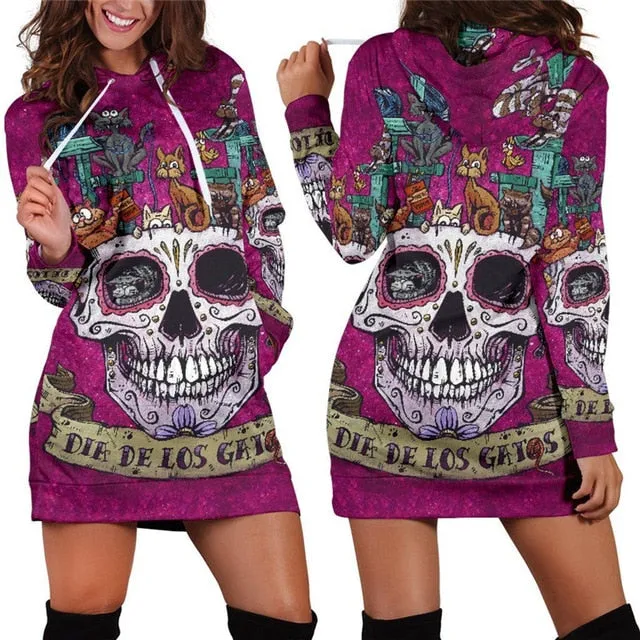 Floral Skull Hooded Dress S-3XL Women Autumn/Winter 2018