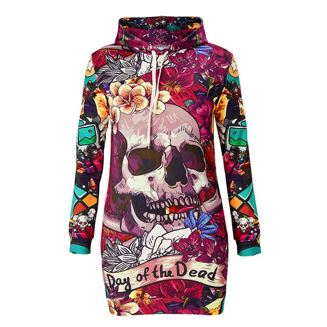 Floral Skull Hooded Dress S-3XL Women Autumn/Winter 2018