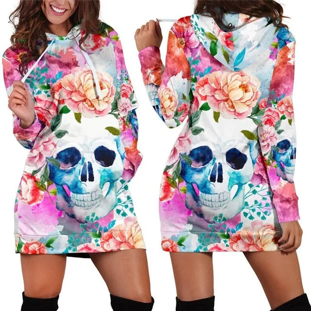Floral Skull Hooded Dress S-3XL Women Autumn/Winter 2018