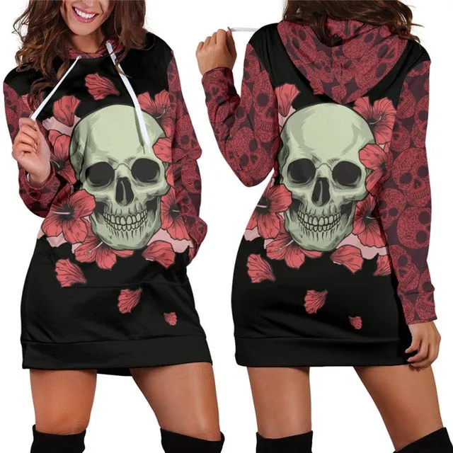 Floral Skull Hooded Dress S-3XL Women Autumn/Winter 2018