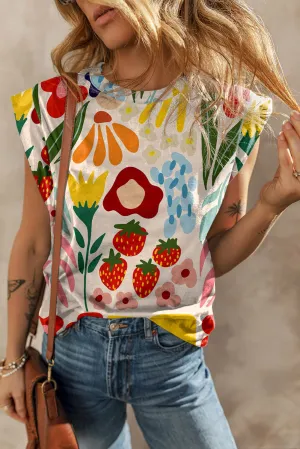 Flower Print Cap Sleeve T Shirt