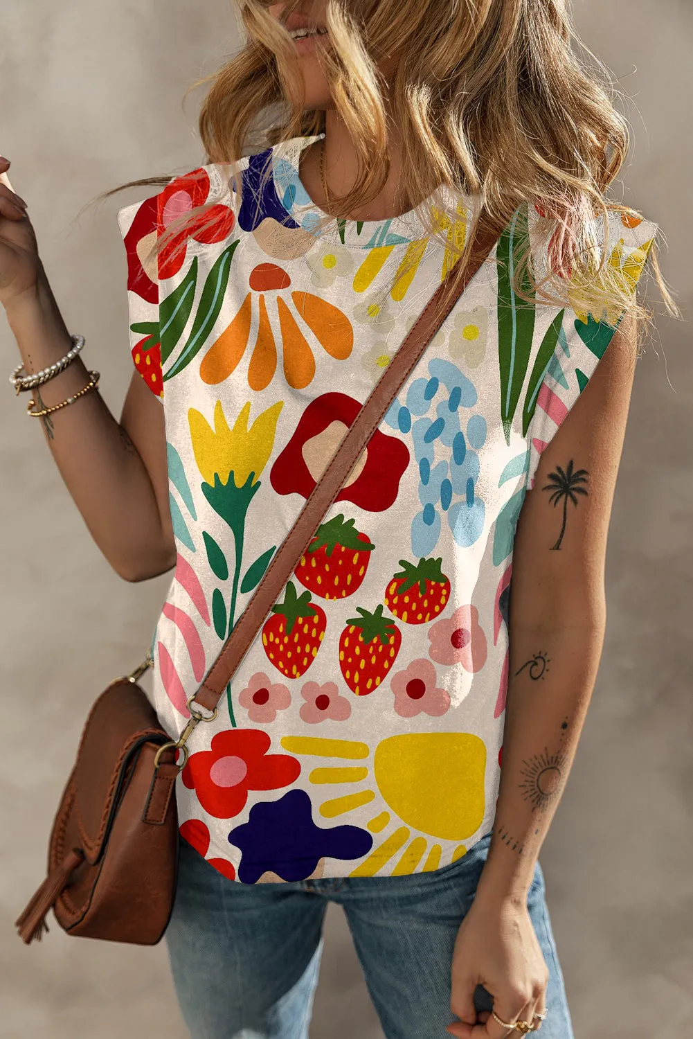 Flower Print Cap Sleeve T Shirt