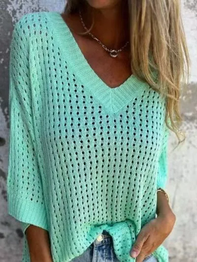 Full Size Openwork V-Neck Knit Cover Up Plus Size