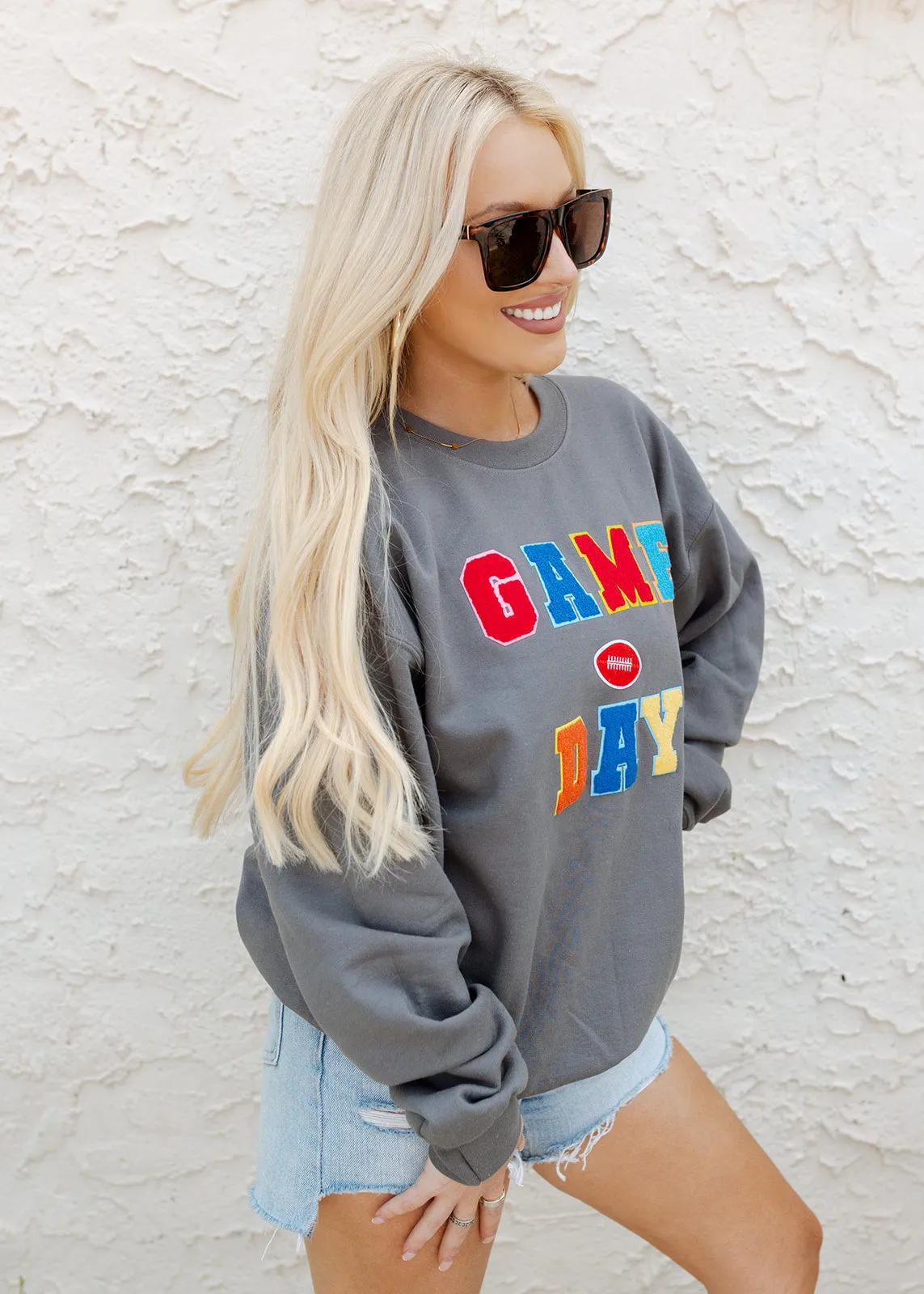 Game Day Colorful Patch Dark Grey Crewneck